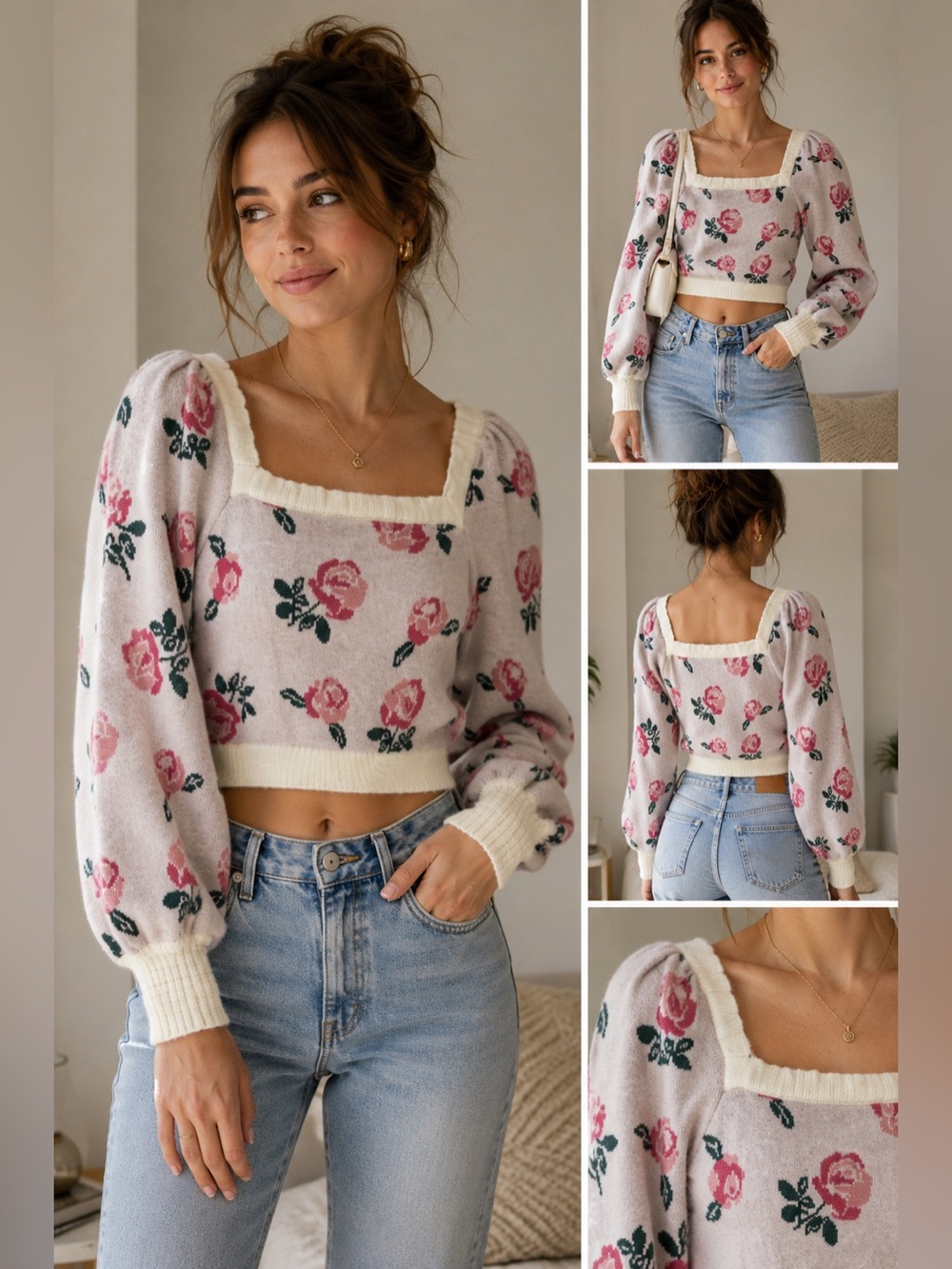 🌹 Willow & Wind Rose Print Puff Sleeve Knit Sweater – XS NWOT Cottagecore